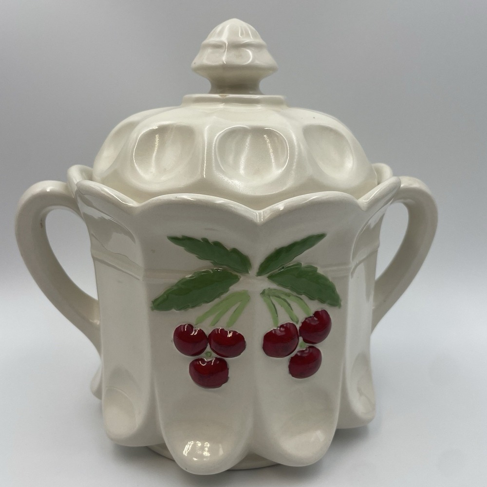 Vintage Hand‎ painted White Ceramic Cookie Jar With Lid -Red Cherries Thumbprint